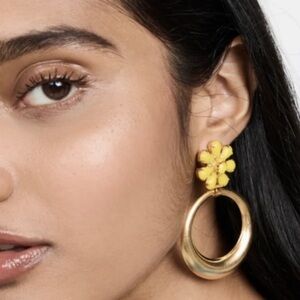 NEW Elizabeth Cole 24K Gold Plated  Radley Hoop Earrings Yellow Floral